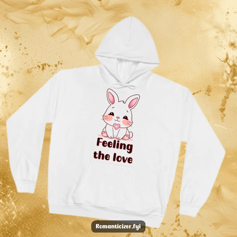 Funny blushing bunny hoodie, showing a sweet bunny looking affectionately at a small, sparkling heart icon, perfect for cozy, loving moments.
