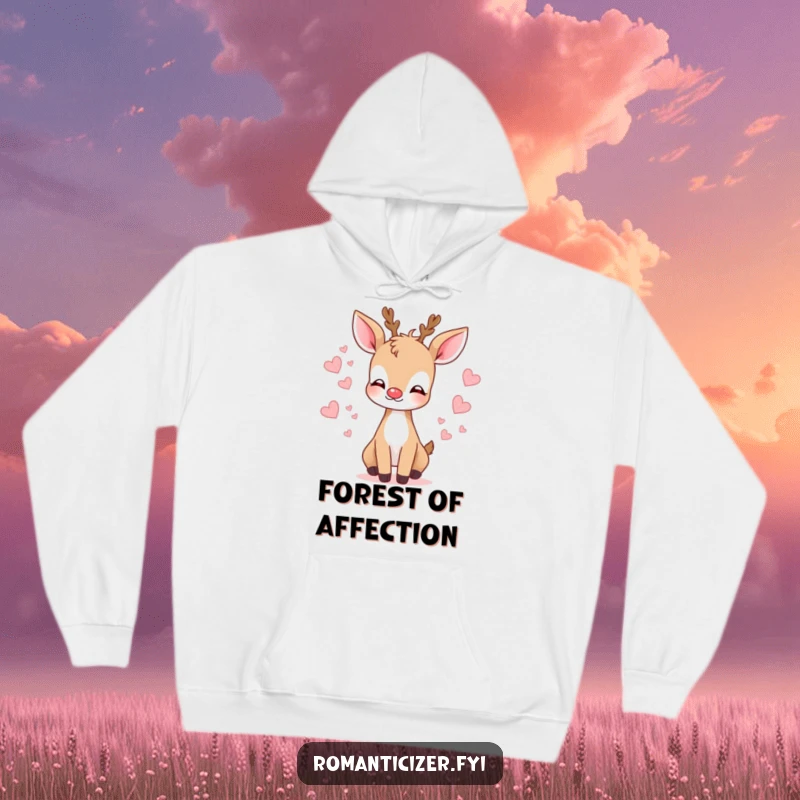 Funny deer hoodie featuring a gentle deer blowing a kiss with tiny hearts, conveying warmth and affection.