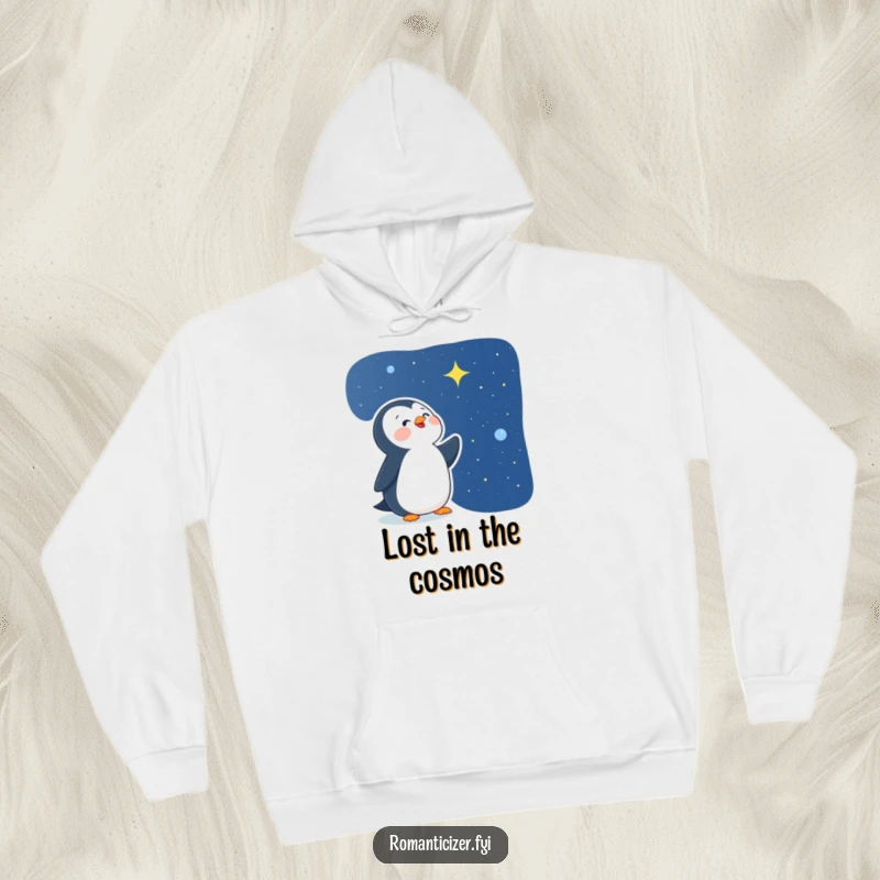 Funny delighted penguin hoodie design of a happy bird gazing at a starry night sky, perfect for warmth and cosmic contemplation.