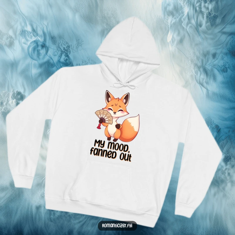 Funny fox hoodie featuring a playful fox with an ornate fan, striking a dramatic pose, perfect for cozy flair.