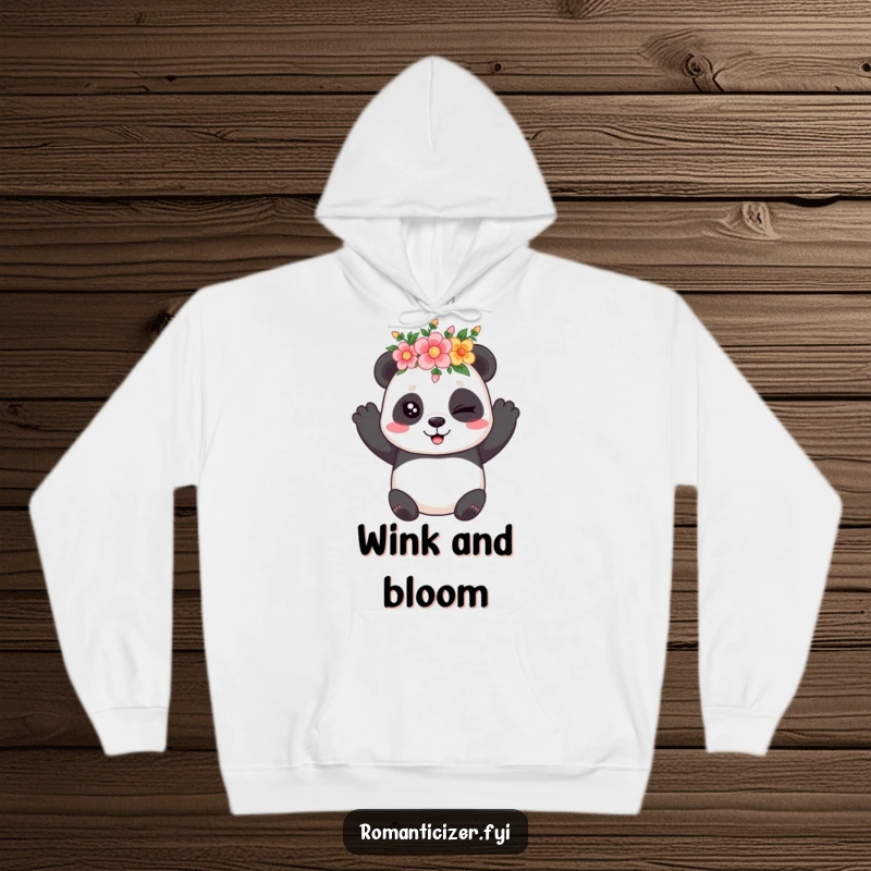 Funny hoodie featuring a playful panda wearing a flower crown and winking coyly, offering cozy, whimsical charm.