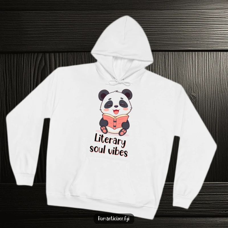 Funny Panda Hoodie showcasing a giggling panda with a radiant smile, engrossed in a poetry book, perfect for cozy reading.