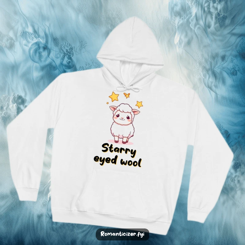 Funny sheep hoodie featuring a content sheep gazing at intertwined stars, offering a cozy and peaceful nighttime experience.