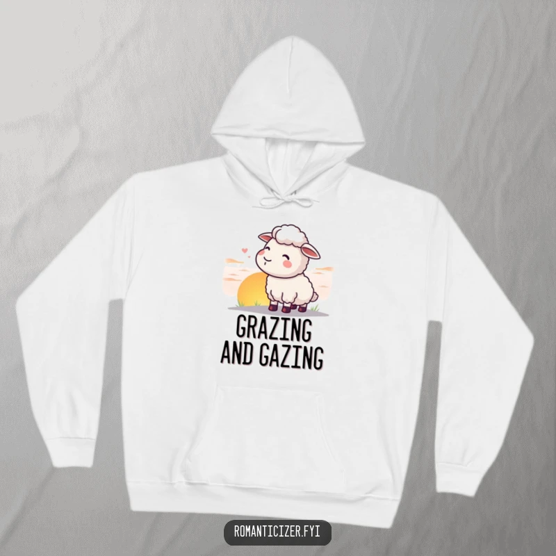 Funny sheep hoodie depicting a contented sheep watching a spectacular sunset, a cozy and funny symbol of peace.