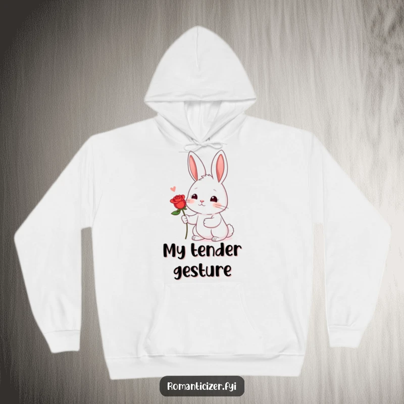 Funny Shy Rabbit Rose Hoodie: A shy rabbit offers a red rose with a hopeful blush, cozy and romantic.