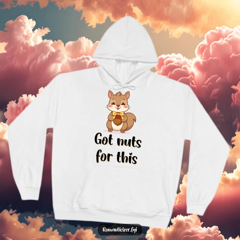 Funny squirrel hoodie featuring a cheerful squirrel offering a ribbon-tied acorn, embodying thoughtful giving and cozy comfort.