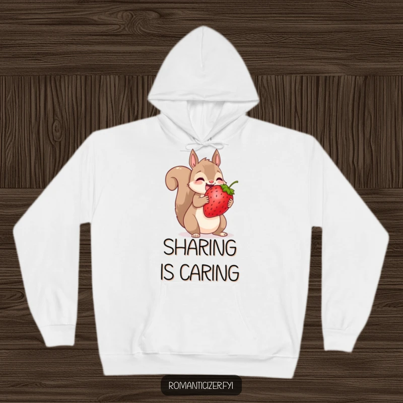 Funny squirrel hoodie showing a squirrel generously sharing a large strawberry, a humorous image of friendship and sharing.