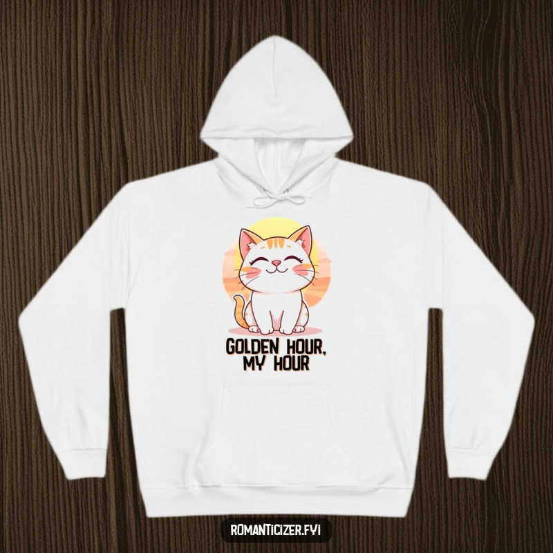 Funny and cozy hoodie with a cheerful cat smiling at a vibrant sunset, perfect for relaxation.