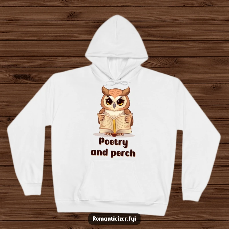 Funny owl hoodie depicting a wise owl reading an ornate book of poetry, a cozy and funny symbol of learning.