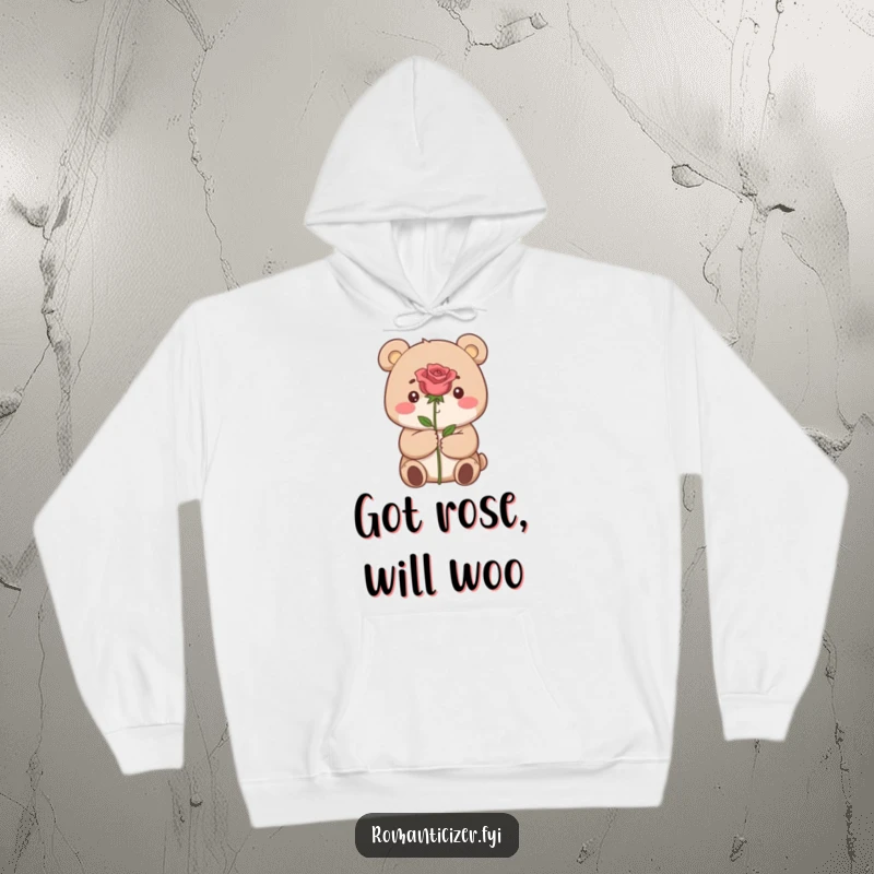 Funny hoodie featuring a small, hopeful bear presenting a single perfect rose with a dreamy, loving gaze.