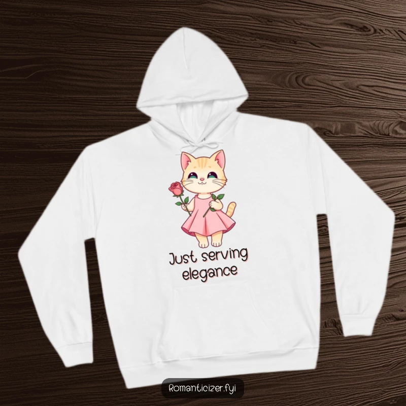 Funny hoodie featuring a sophisticated cat in a flowing gown offering a rose, symbolizing love and elegance.