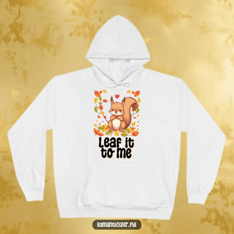 Funny squirrel in a hoodie, carefully arranging colorful fallen leaves into a heart shape, exuding warmth and creative charm for winter.