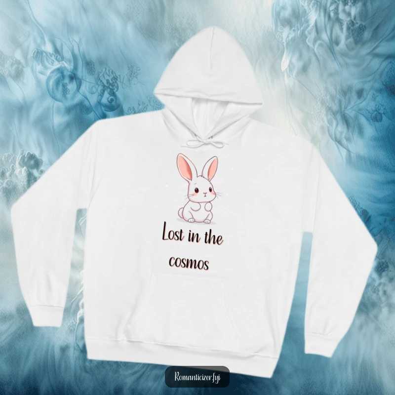 Funny rabbit hoodie featuring a curious bunny gazing at a night sky filled with twinkling stars, perfect for cozy contemplation.