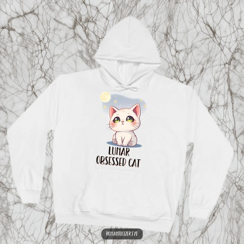 Funny cat hoodie featuring a dreamy cat gazing at the moon, with stars reflected in its eyes, perfect for comfort.