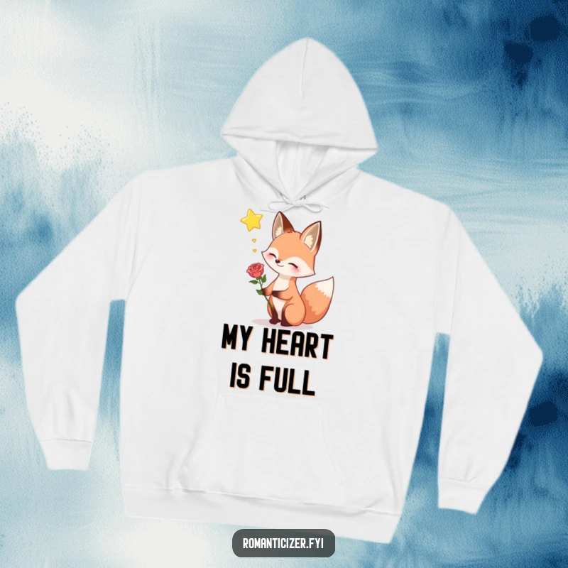 Funny fox hoodie, showing a happy fox holding a rose, sighing dreamily towards a star, perfect for cozy romantic moments.