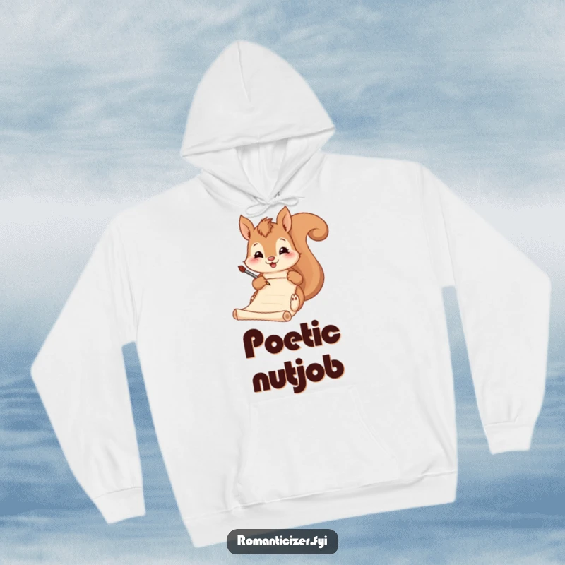 Funny hoodie, a squirrel artistically writing poetry with a quill on a scroll, radiating cozy, humorous intellectual vibes.