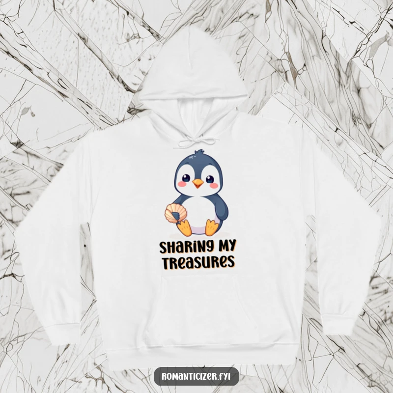 Funny penguin hoodie with a happy bird offering a seashell with a loving smile, perfect for cozy, affectionate moments. Cute gift.