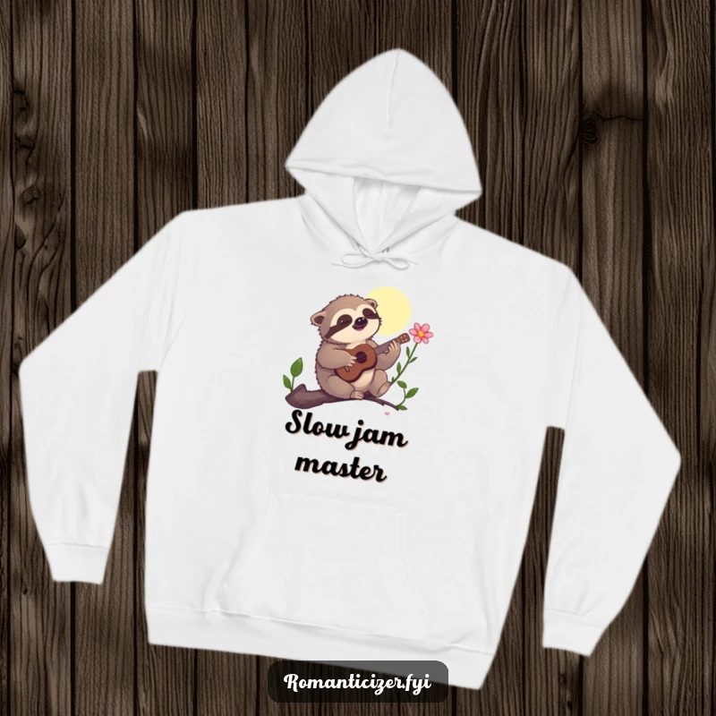 Funny hoodie, a sloth happily playing a tiny guitar to a flower under the moon, radiating calm and humorous musicality.