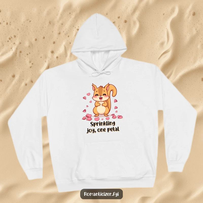 Funny hoodie with a delighted squirrel scattering colorful rose petals, bringing warmth and happy feelings to the wearer.