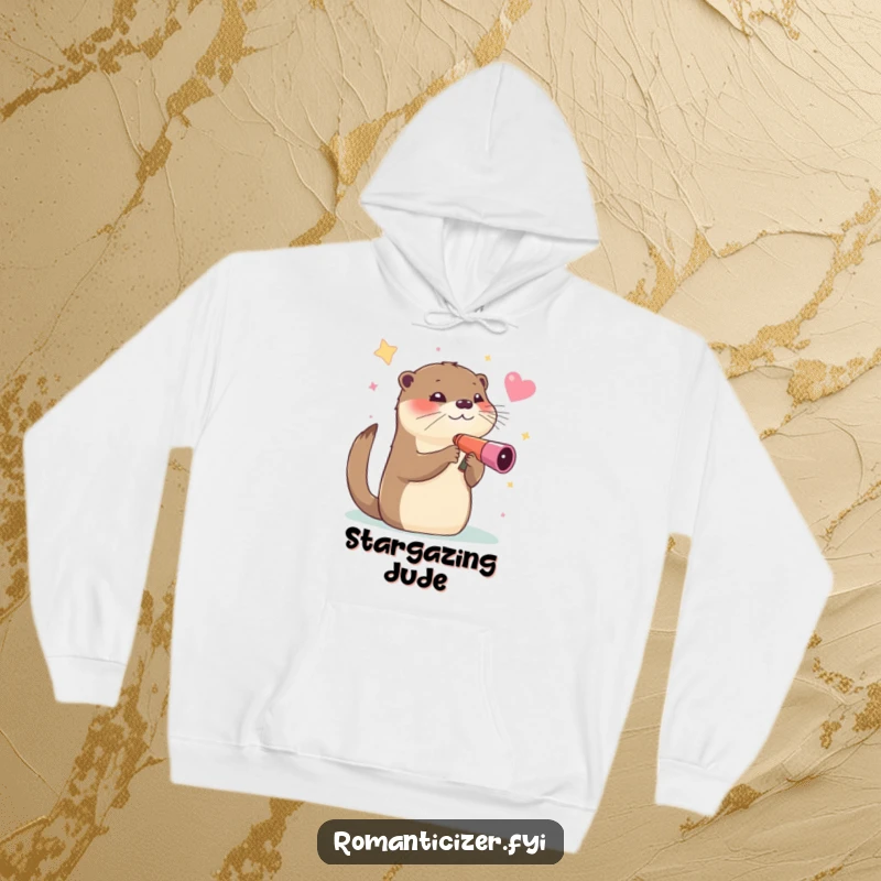 Funny hoodie, a winking otter gazing at stars through a heart-shaped telescope, radiating cosmic wonder and humorous delight.