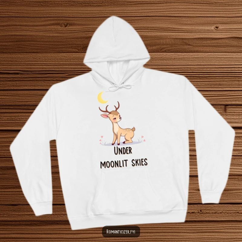 Cozy romantic deer hoodie with a graceful deer looking longingly at a crescent moon in a starry sky. Warm, serene, and enchanting attire.