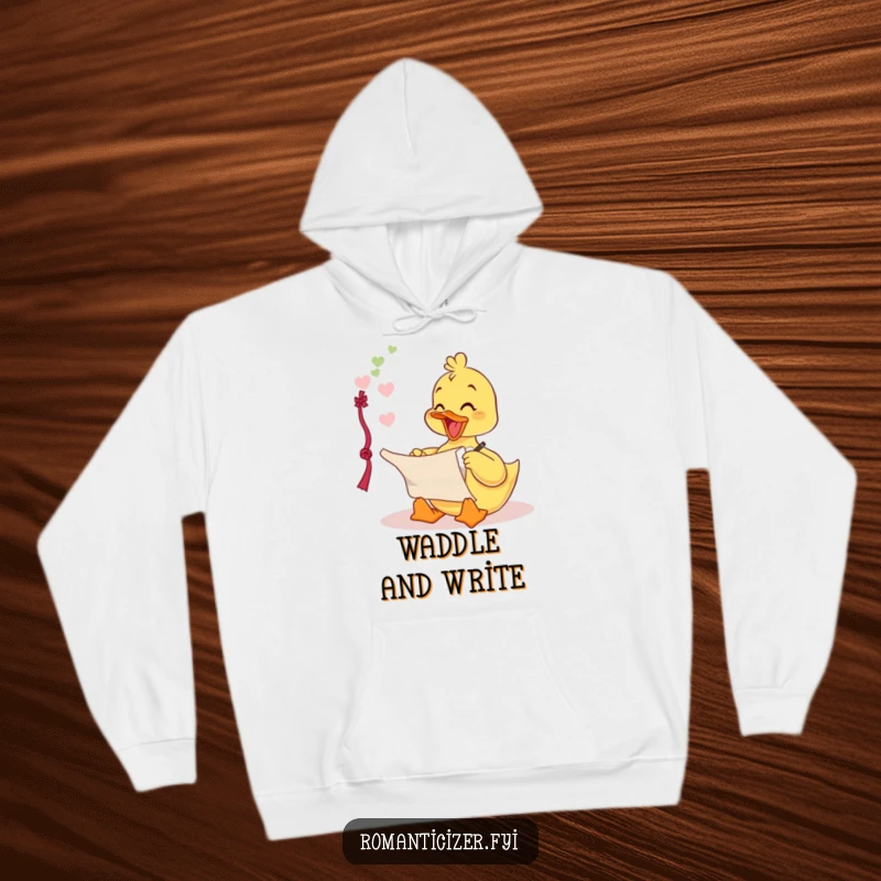 Funny hoodie featuring a delighted duckling writing a love poem on a scroll, providing warm comfort and humorous romance.