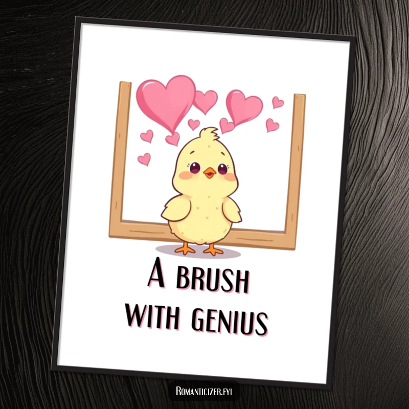Funny Free Printable Wall Art: A chick gazing adoringly at a painting of hearts, adding whimsical charm to any room.