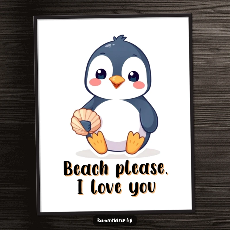 Funny Free Printable Wall Art: A beaming penguin offers a seashell with a loving smile, adding charm to any room.