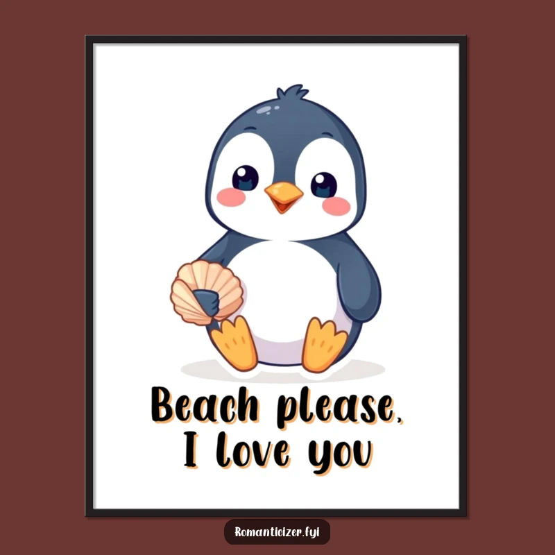 Funny Free Printable Wall Art: Penguin's Seashell, Quirky Downloadable Decor