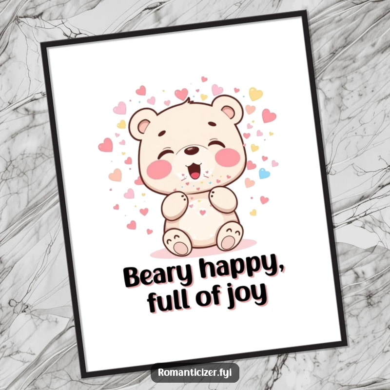 Funny Free Printable Wall Art: Adorable bear cub joyfully blowing a large amount of sparkling heart-shaped confetti.