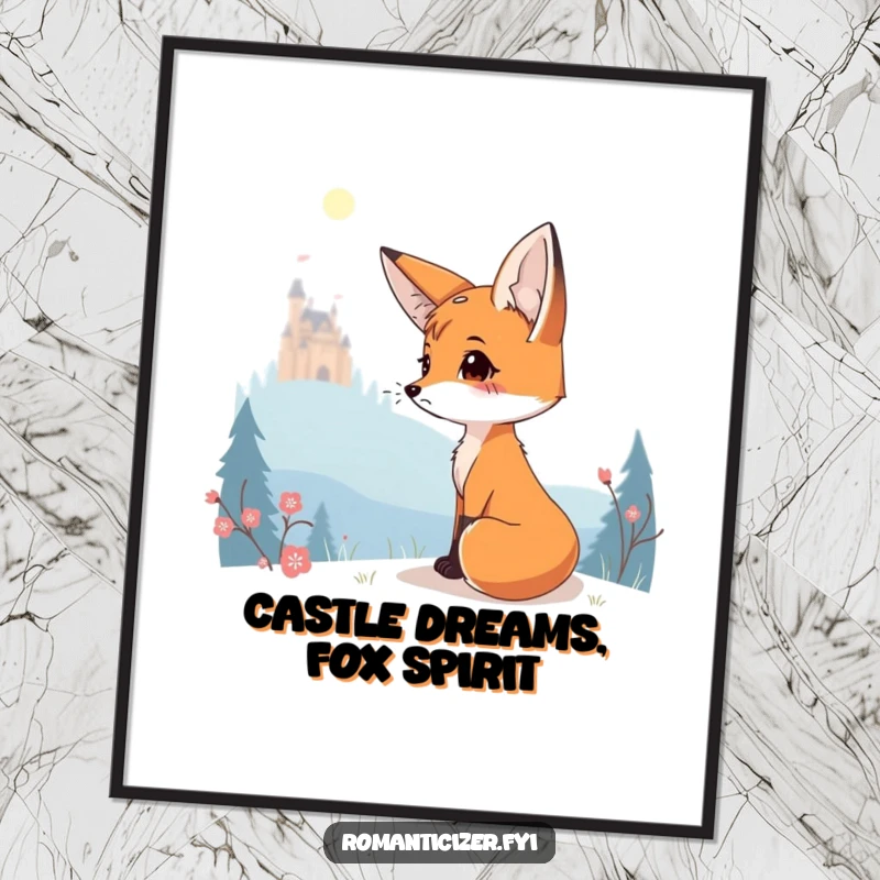 Funny Free Printable Wall Art of a charming fox gazing wistfully at a distant glowing castle.