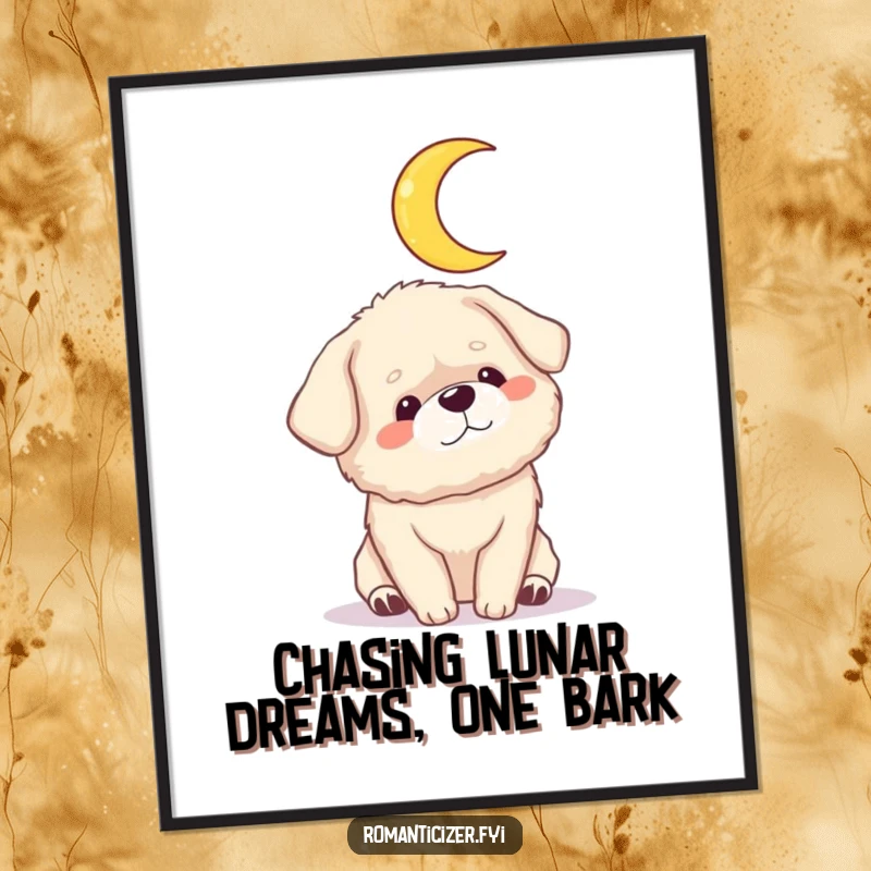 Funny Free Printable Wall Art: A fluffy dog gazes adoringly at a crescent moon, creating a heartwarming scene.