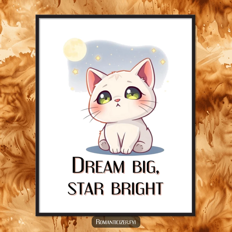 Funny Free Printable Wall Art: A dreamy cat gazes at the moon, stars brilliantly reflected in its wide eyes.