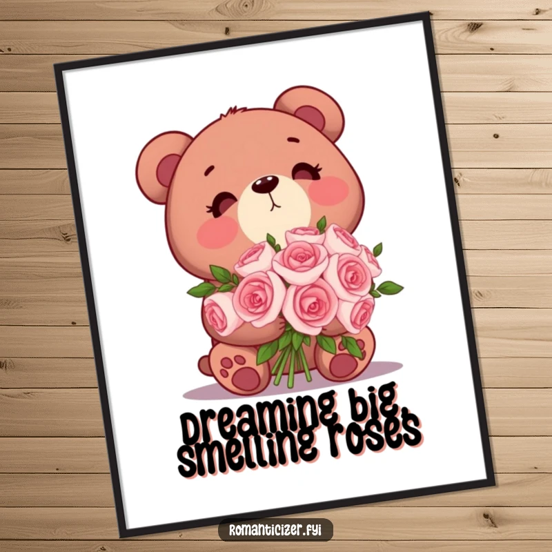 Funny Free Printable Wall Art: A bear holding a bouquet of roses gazes dreamily upwards.