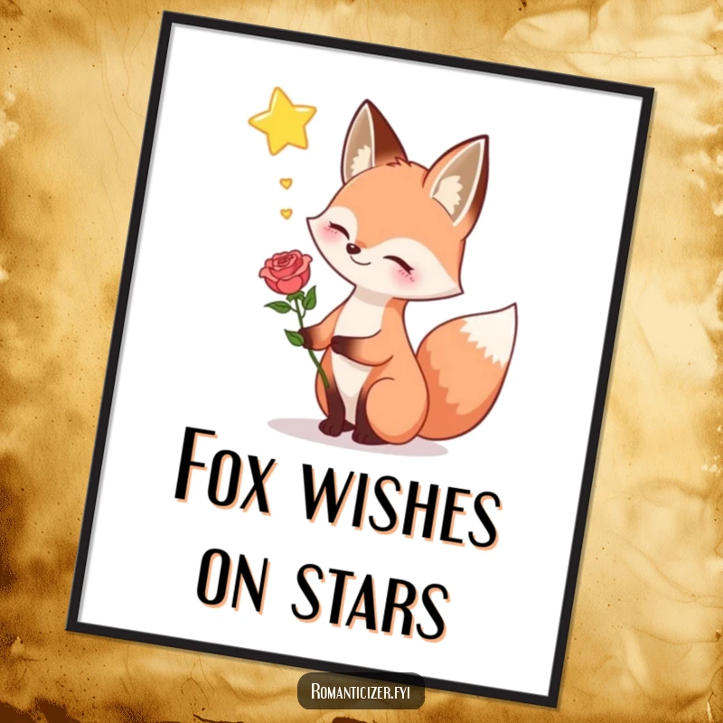 Funny Free Printable Wall Art: Happy fox holding a single rose, sighing dreamily towards a star, romantic art.