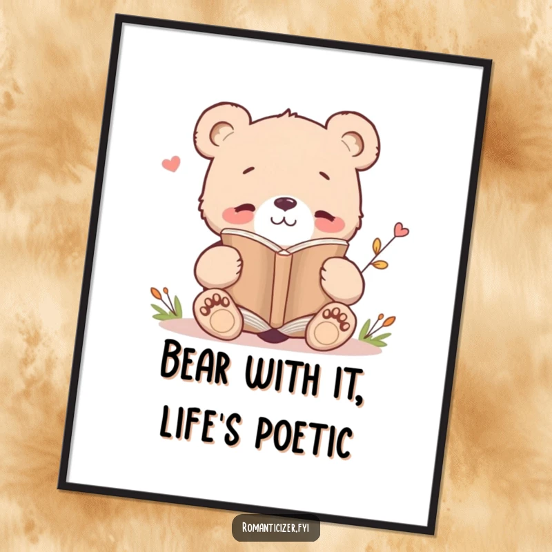 Funny free printable wall art of a contented bear cub deeply engrossed in reading a poetry book, radiating cozy, humorous vibes.