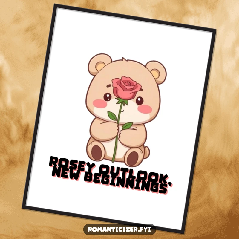 Funny Free Printable Wall Art of a small bear dreamily presenting a single rose with hopeful eyes.
