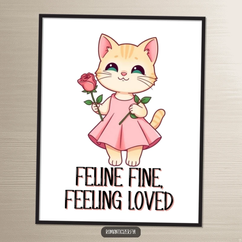 Funny Free Printable Cat Wall Art: An elegant cat in a flowing dress holds a rose, exuding sophisticated charm and artistic flair on your wall.
