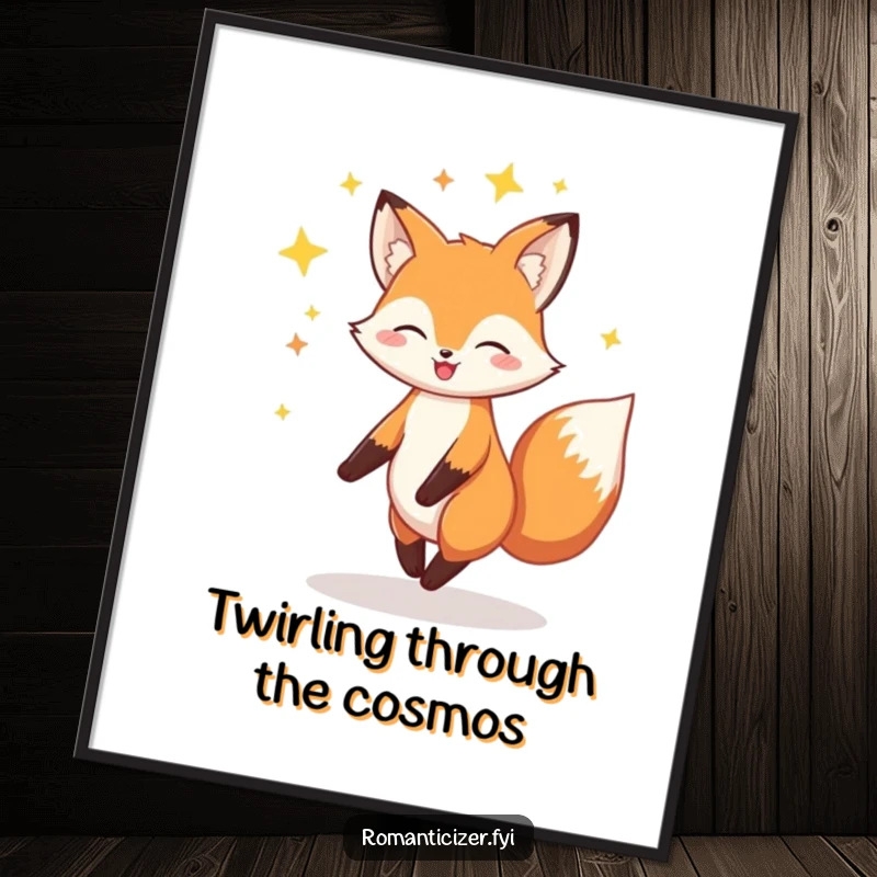 Funny Free Printable Wall Art: A cheerful fox gleefully twirls surrounded by a sparkling star halo.