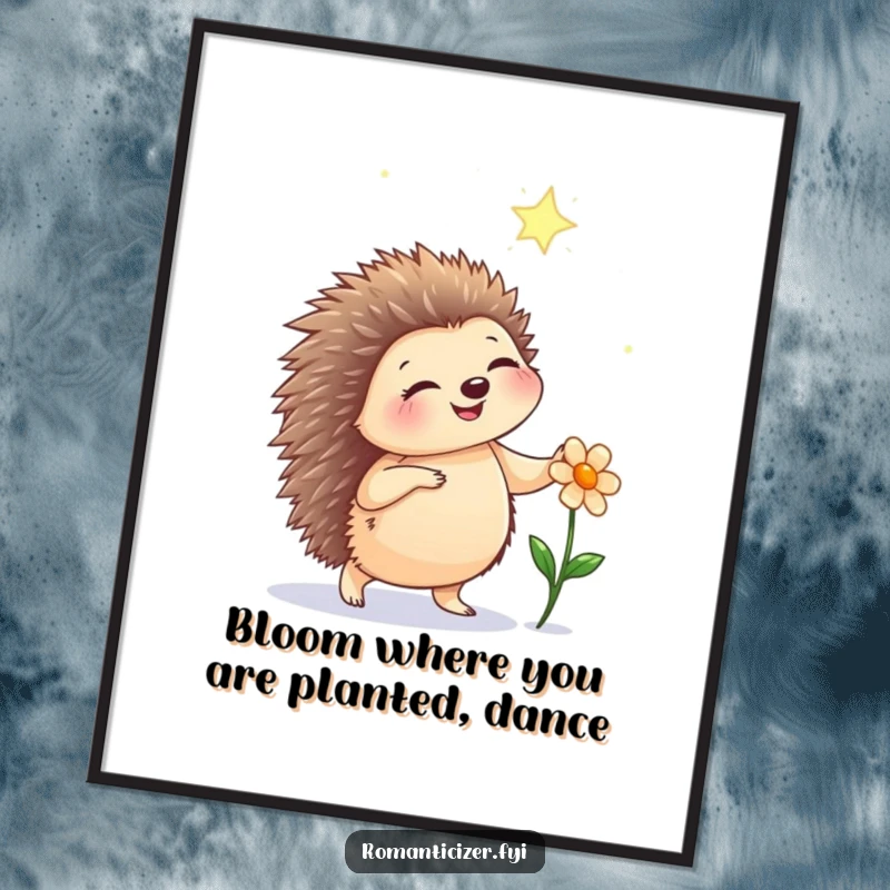 Funny Free Printable Wall Art: Happy hedgehog dancing with a flower under starlight, creating a magical and whimsical ambiance.