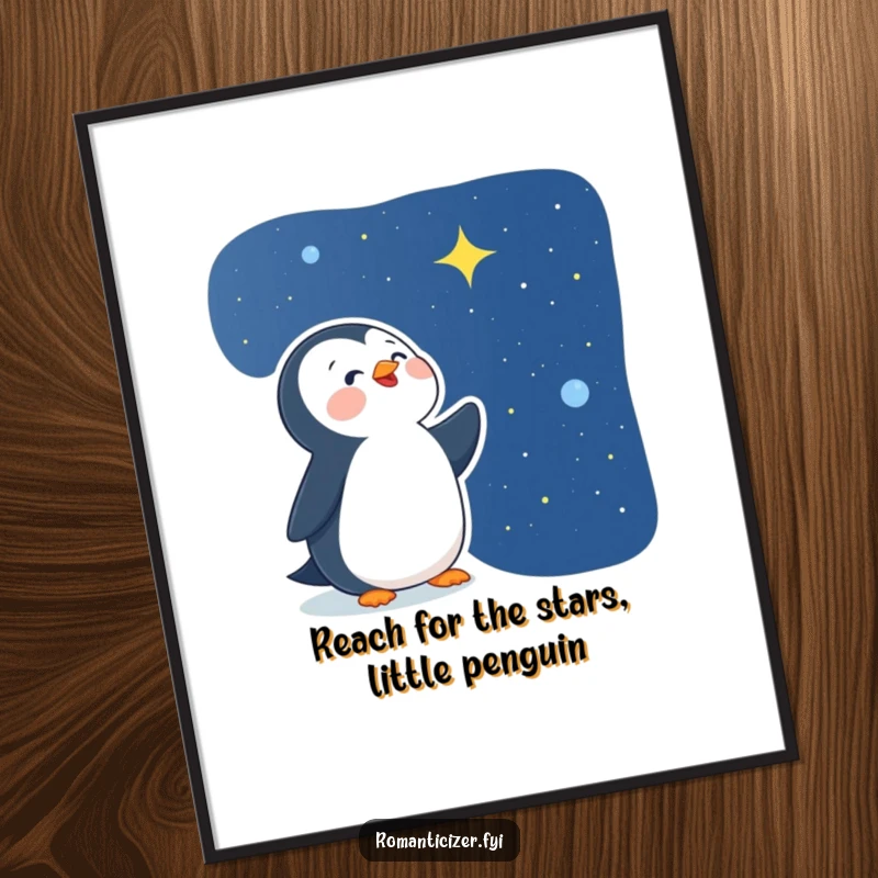 Funny Free Printable Penguin Wall Art: A penguin stares in delight at a vast, star-studded night sky. A downloadable gift.