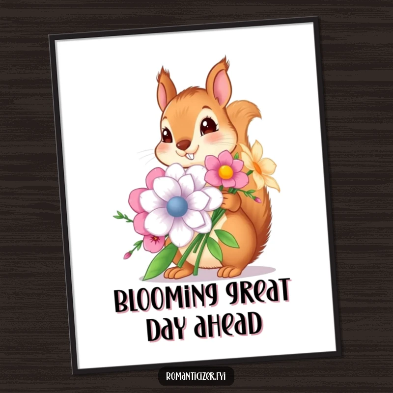 Funny Free Printable Wall Art: A charming squirrel proudly holds enormous flowers, creating humorous and whimsical downloadable decor, print at home.