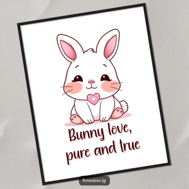 Funny Free Printable Wall Art: Blushing bunny looking affectionately at a small, sparkling heart icon, cute love art.