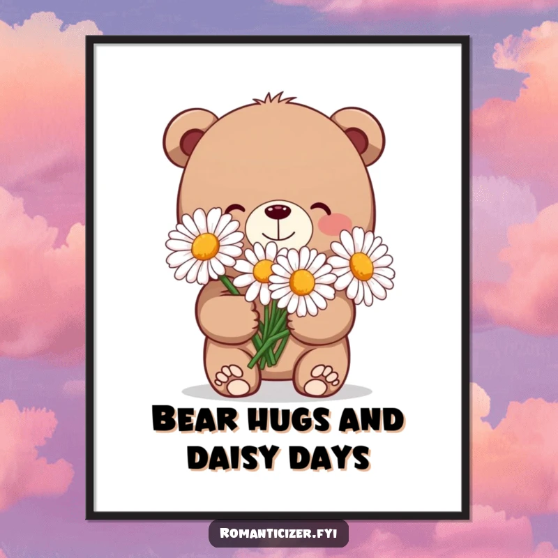 Funny Free Printable Wall Art: A charming bear with a shy grin holds a large bouquet of daisies, radiating sweetness.