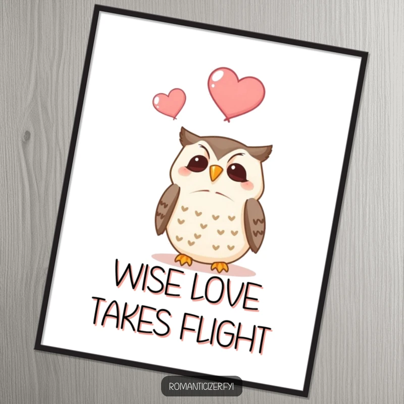 Funny Free Printable Wall Art: A peaceful owl observes two hearts drifting skyward, a symbol of love and joy.