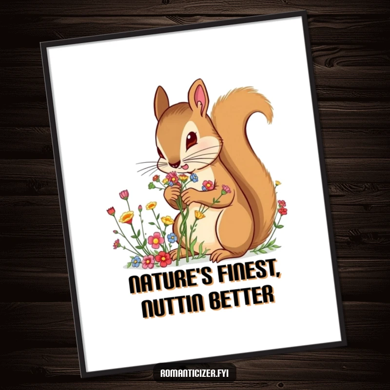 Free Printable Wall Art: Determined squirrel carefully arranging a miniature bouquet of colorful wildflowers, artistic focus.