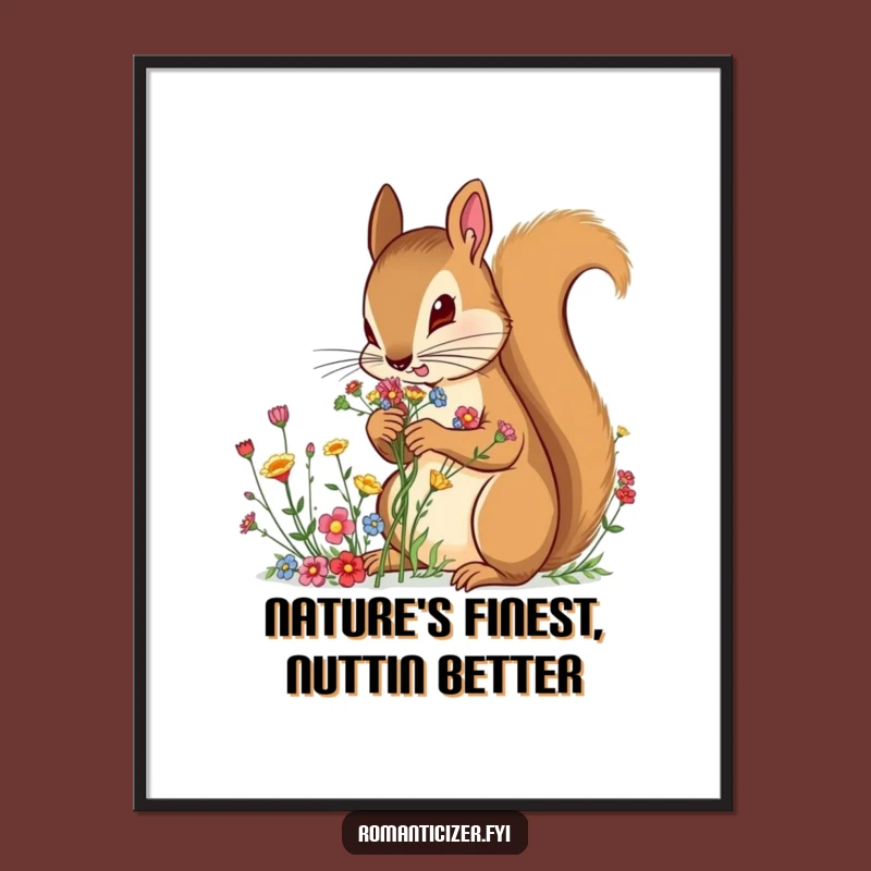 Free Printable Wall Art: Determined Squirrel Wildflower Bouquet - Cute Downloadable Art Gift