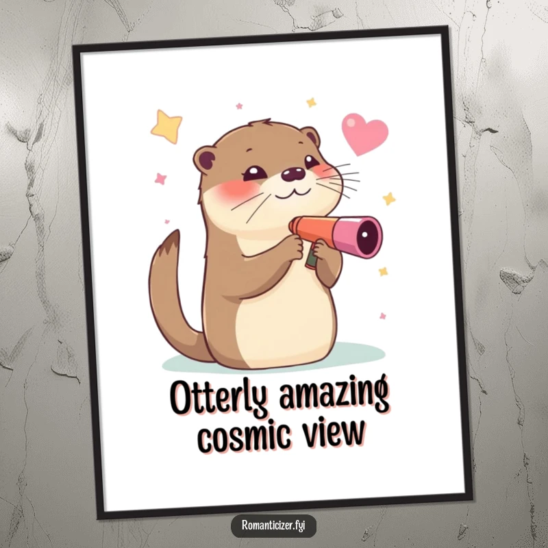 Funny Free Printable Wall Art: A winking otter gazes at stars through a heart-shaped telescope, creating celestial art.