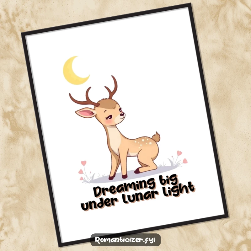 Funny Free Printable Wall Art: A romantic deer gazing longingly at a beautiful crescent moon in a starry night sky.