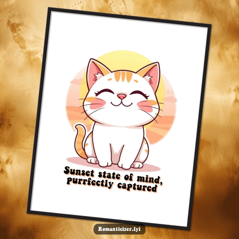 Funny Free Printable Wall Art: A cheerful cat with a whimsical smile gazes at a breathtaking sunset.